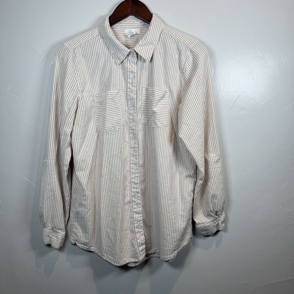 Japna Tan White Striped Long Sleeve Button Shirt Size Large Beach Boho Rolltab